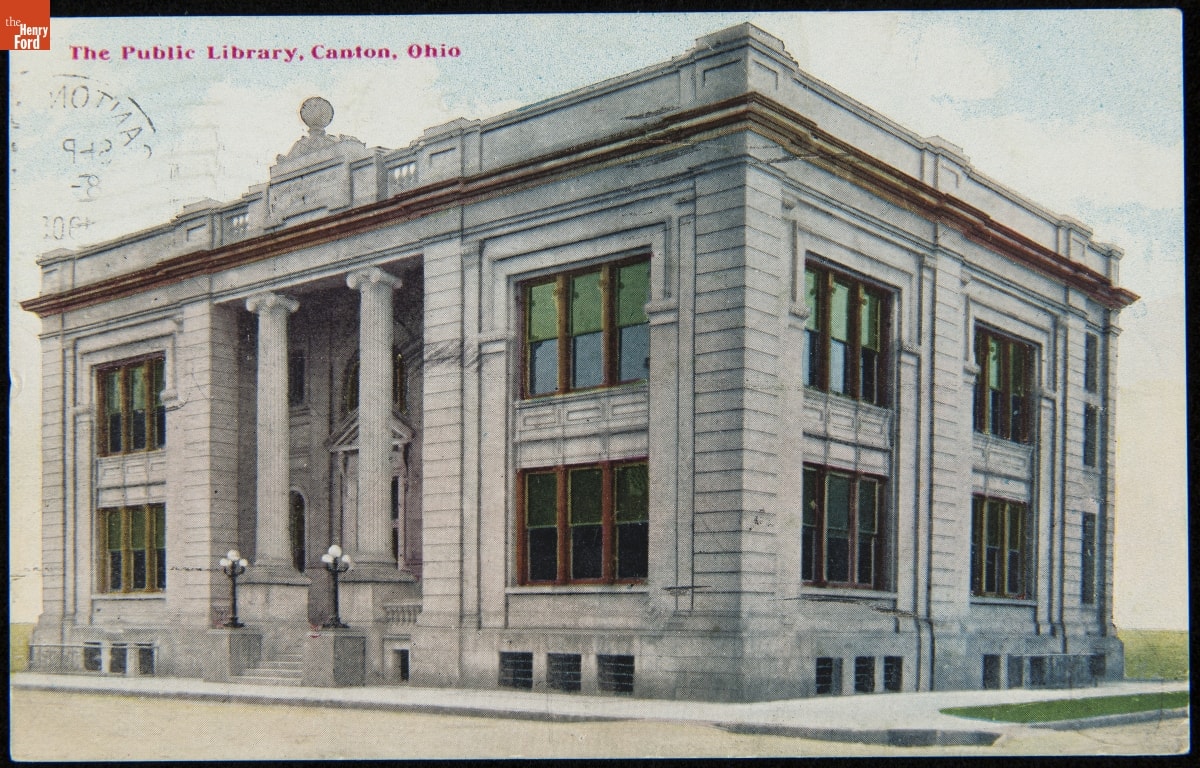 The Public Library, Canton, Ohio, circa 1909 Postcard depicting the front street view of the public library in Canton, Ohio in 1909