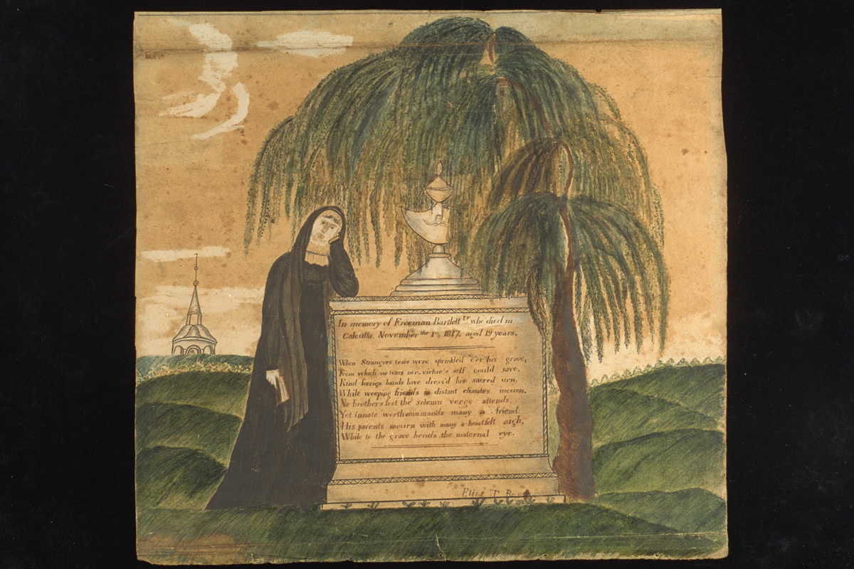 Memorial Painting, "In Memory of Freeman Bartlett, Jr. ..." by Eliza T. Ree, circa 1818 Person in long black dress or gown leaning against a memorial containing text, next to a tree