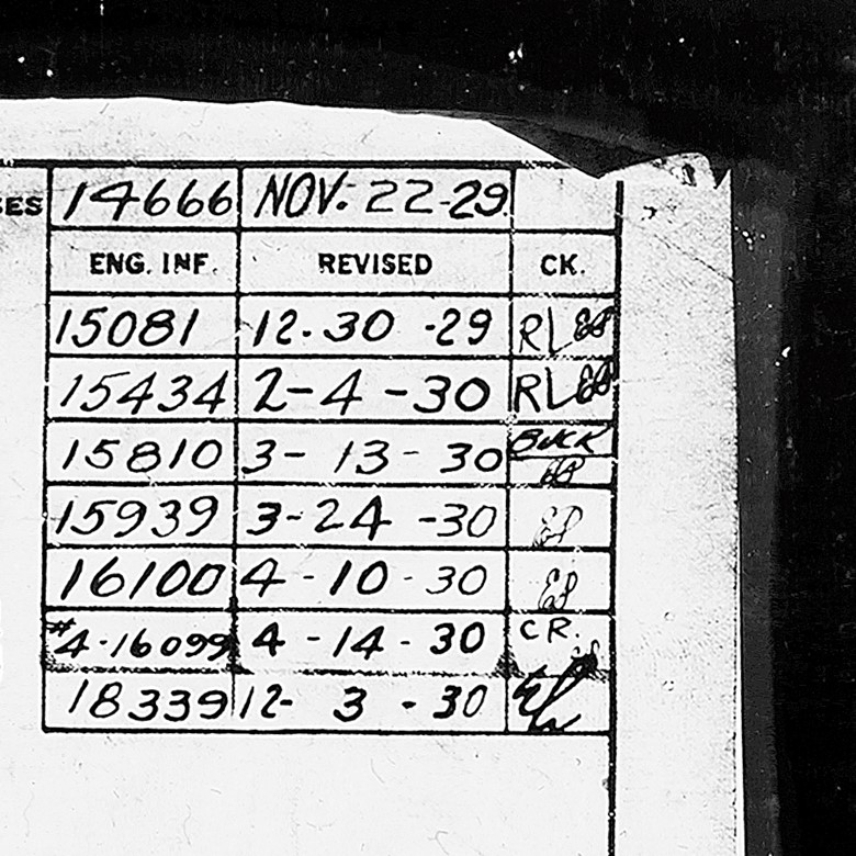 Drawing, "Windshield Wing Bracket Assembly," Ford Model A, December 3, 1930 (detail) Handwritten text in tabular format with numbers, dates, and initials