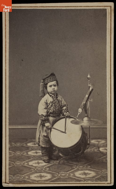 Willie Bagley, the "Wisconsin Infant Drummer" Performing at Barnum's Museum, New York, 1864 Small child in elaborate costume plays a large drum with drumsticks