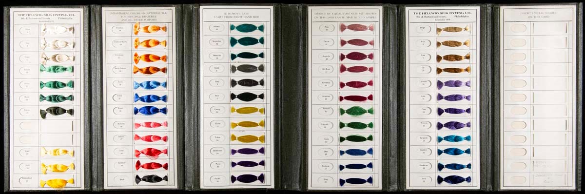 Sample Book for Hellwig Silk Dyeing Company, "Indanthrene Colors," 1900-1920 ¬Rows of fiber or thread samples in a variety of colors accompanied by text