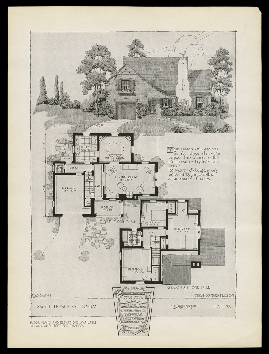 Small Homes of Today, 1933 / plate 33 Page with image of house, floor plan, and text