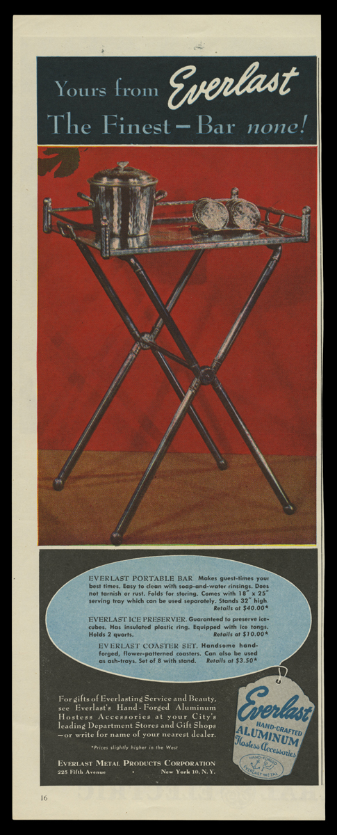 Everlast Aluminum Advertisement, "Yours from Everlast, the Finest--Bar None!," 1947 Slim tall ad with image of metal folding tray in center