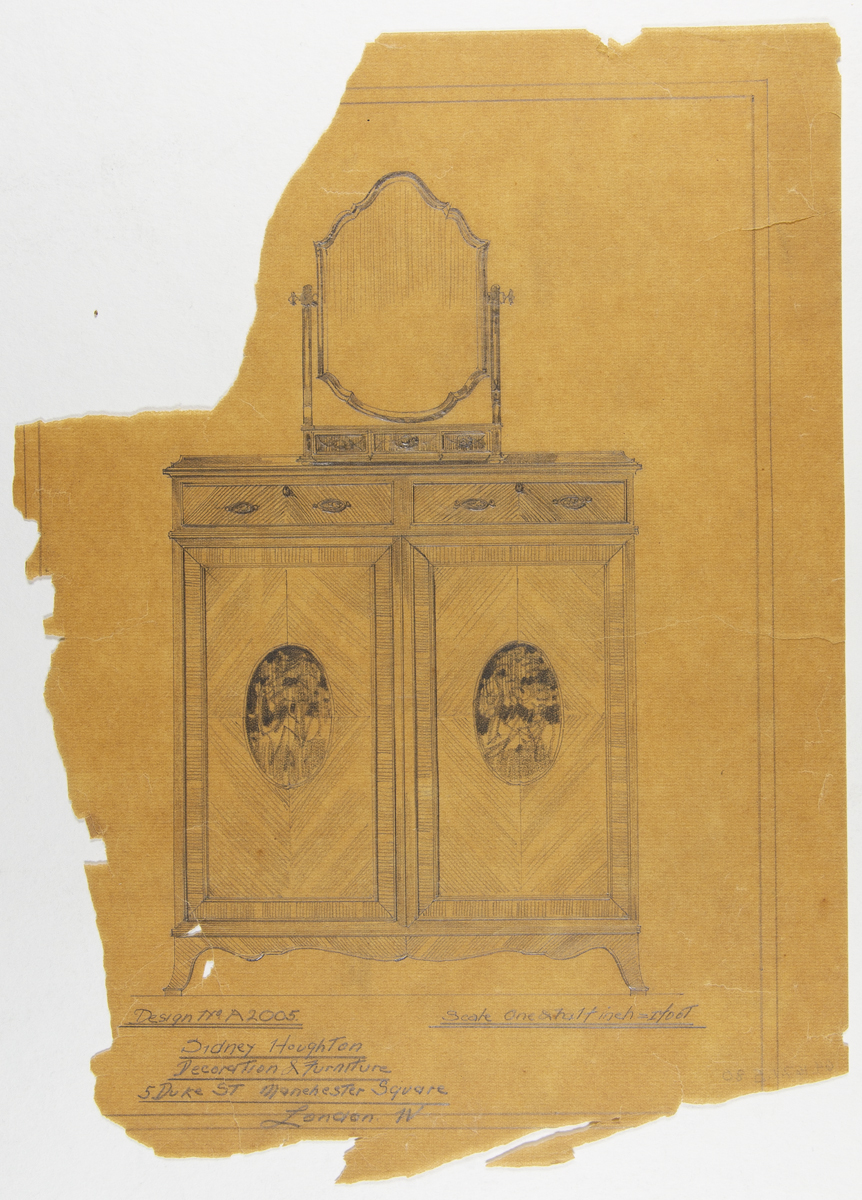 Presentation Drawing of Furniture for Fair Lane Estate, 1924 Yellowed, torn drawing of a cabinet topped with a mirror