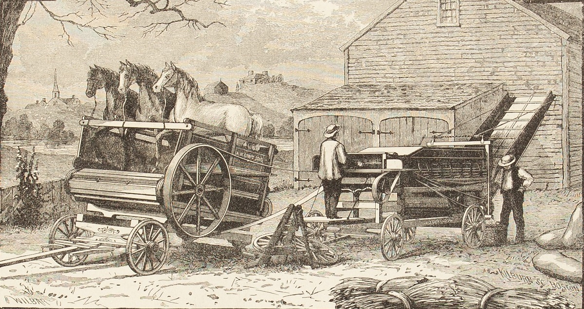 Illustrated Industries and Geography of America, 1882 / page1 Illustration of three horses in a closed wagon on a treadmill that is hooked up to a piece of agricultural equipment being tended by two men with a barn and landscape in the background