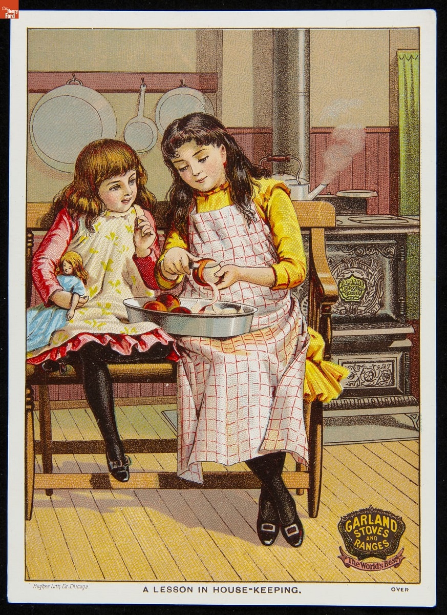 Trade Card for the Horizontal Oak-Garland Stove, Michigan Stove Co., 1880-1900 Two girls sit on a bench in front of a stove; one pares an apple into a pan