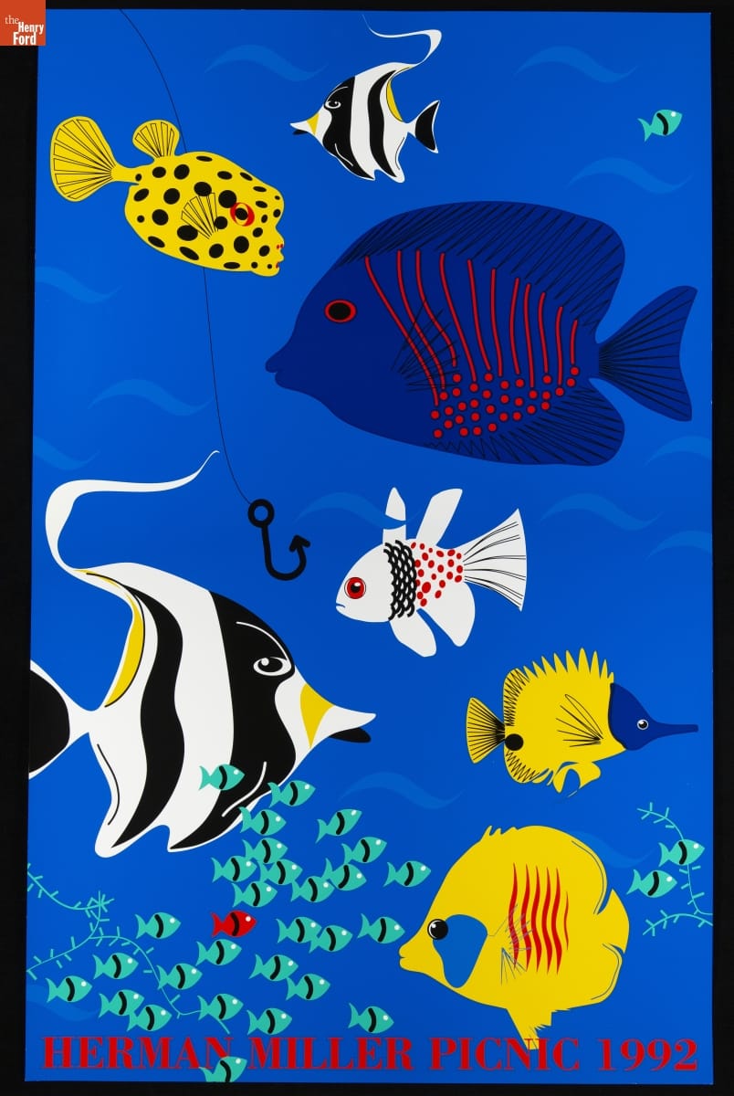 Herman Miller Picnic Poster, "Fish," 1992 Poster showing blue, white, black, red, and yellow tropical fish and a fishhook against a background of blue water