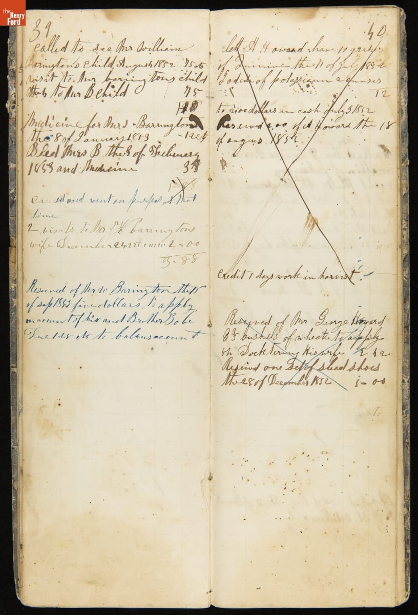 Dr. Howard's Accounts, 1849-1853 / pages 39 & 40 Narrow notebook containing handwritten cursive text, some X-ed out