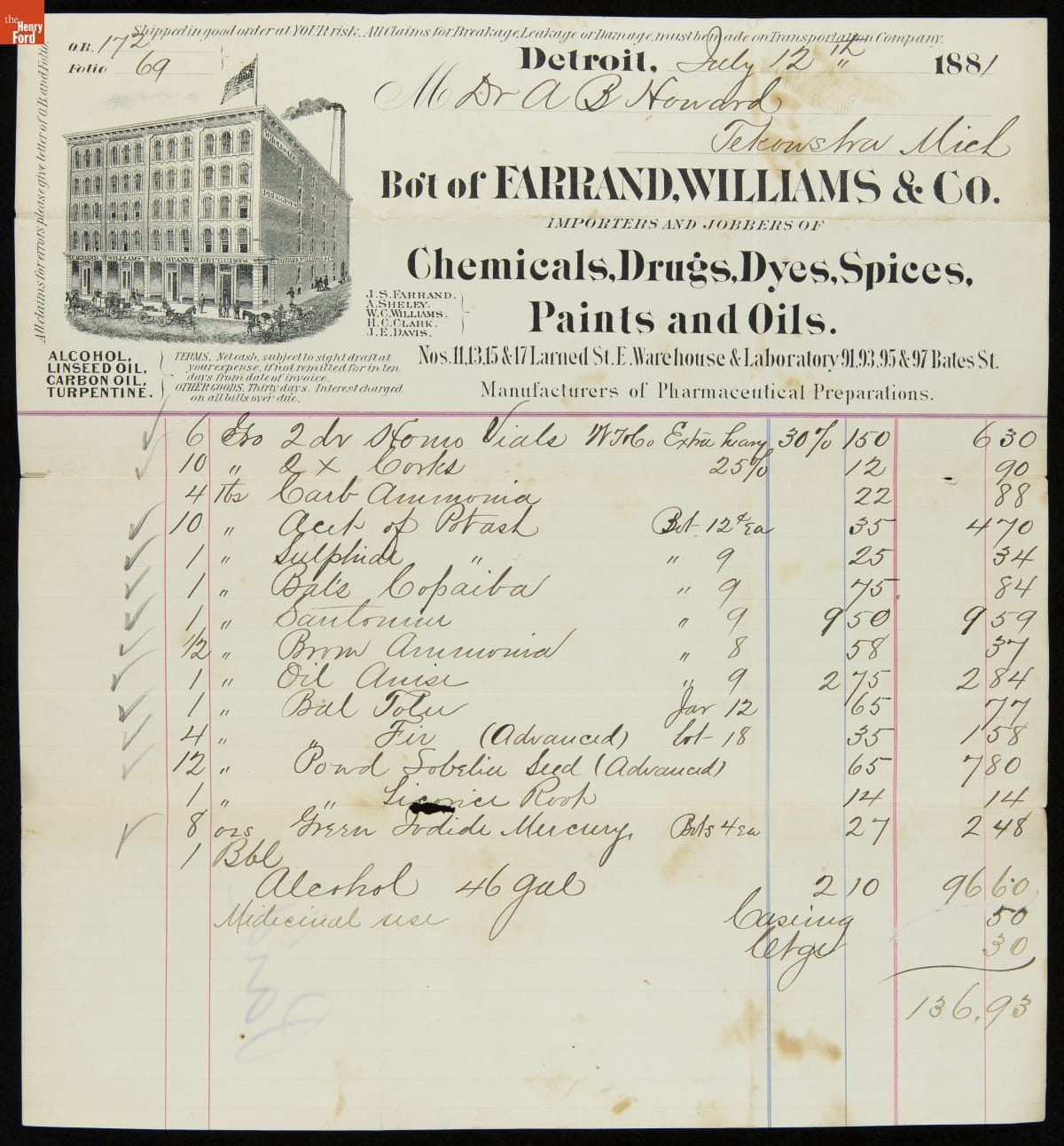Invoice from Farrand, Williams & Co., July 12, 1881 Invoice with printed and handwritten text