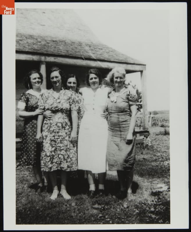 Margaret Jones Dement, Agnes Ward, Elizabeth Russell, Viola Russell, and Rose Stone Standing in Front of the Susquehanna House, 1936 Five women posing for photo in front of a house