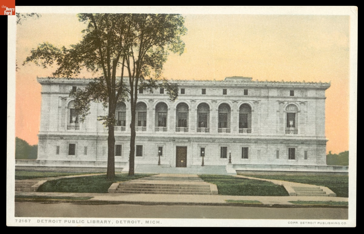 Detroit Public Library, Detroit, Michigan, circa 1921 Postcard depicting the front street view of the public library in Detroit, Michigan in 1921