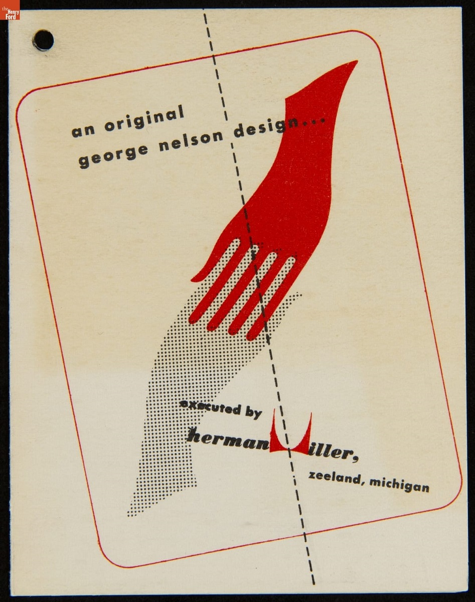 Product Tag for an Original George Nelson Design Executed by Herman Miller, 1955 Page with red hand icon; also contains text