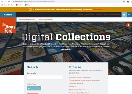 The Henry Ford's Digital Collections homepage Webpage with images, text, and search box