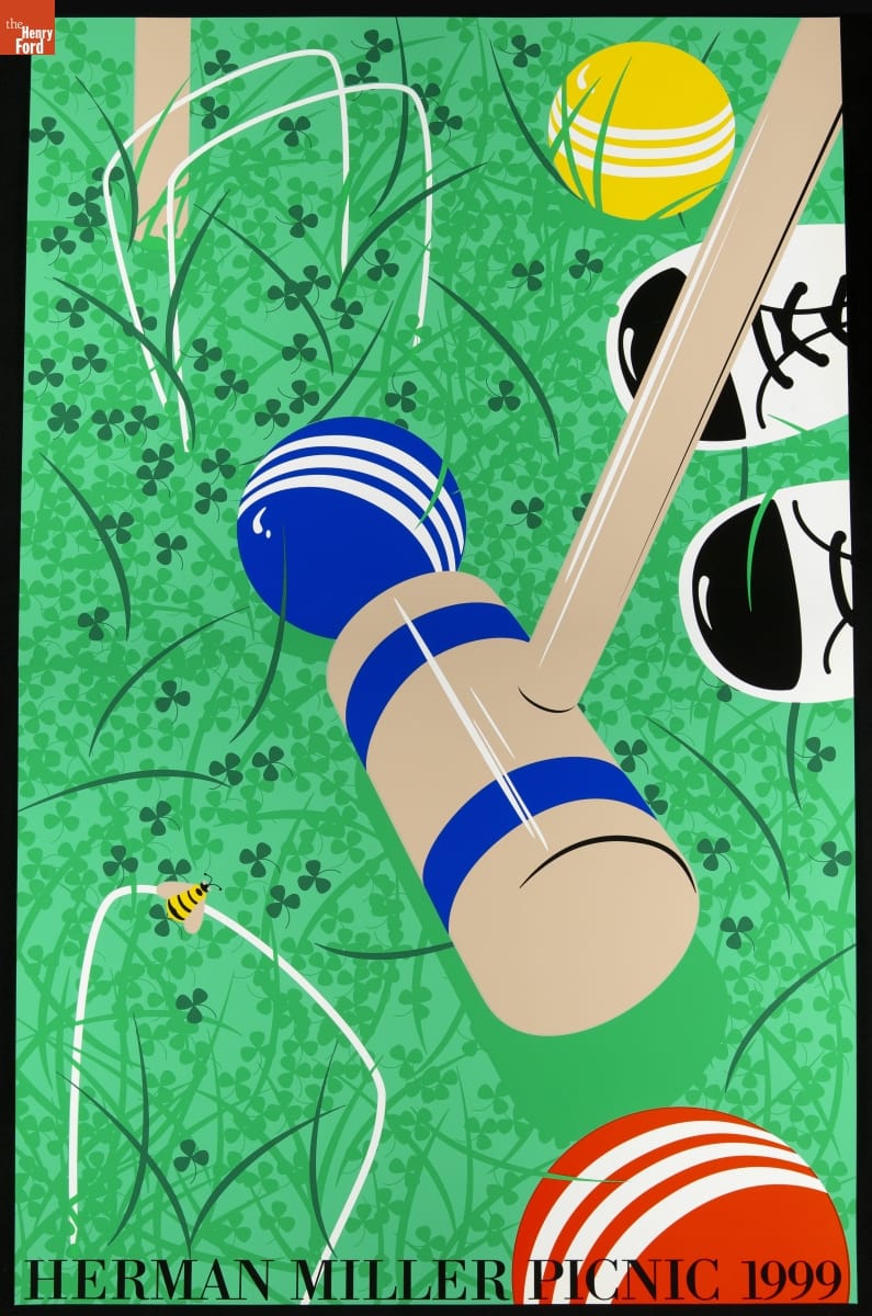 Herman Miller Picnic Poster, "Croquet," 1999 Poster illustrated with stylized view of croquet pitch with mallet, balls, hoops, and the player's shoes against a background of grass and clover