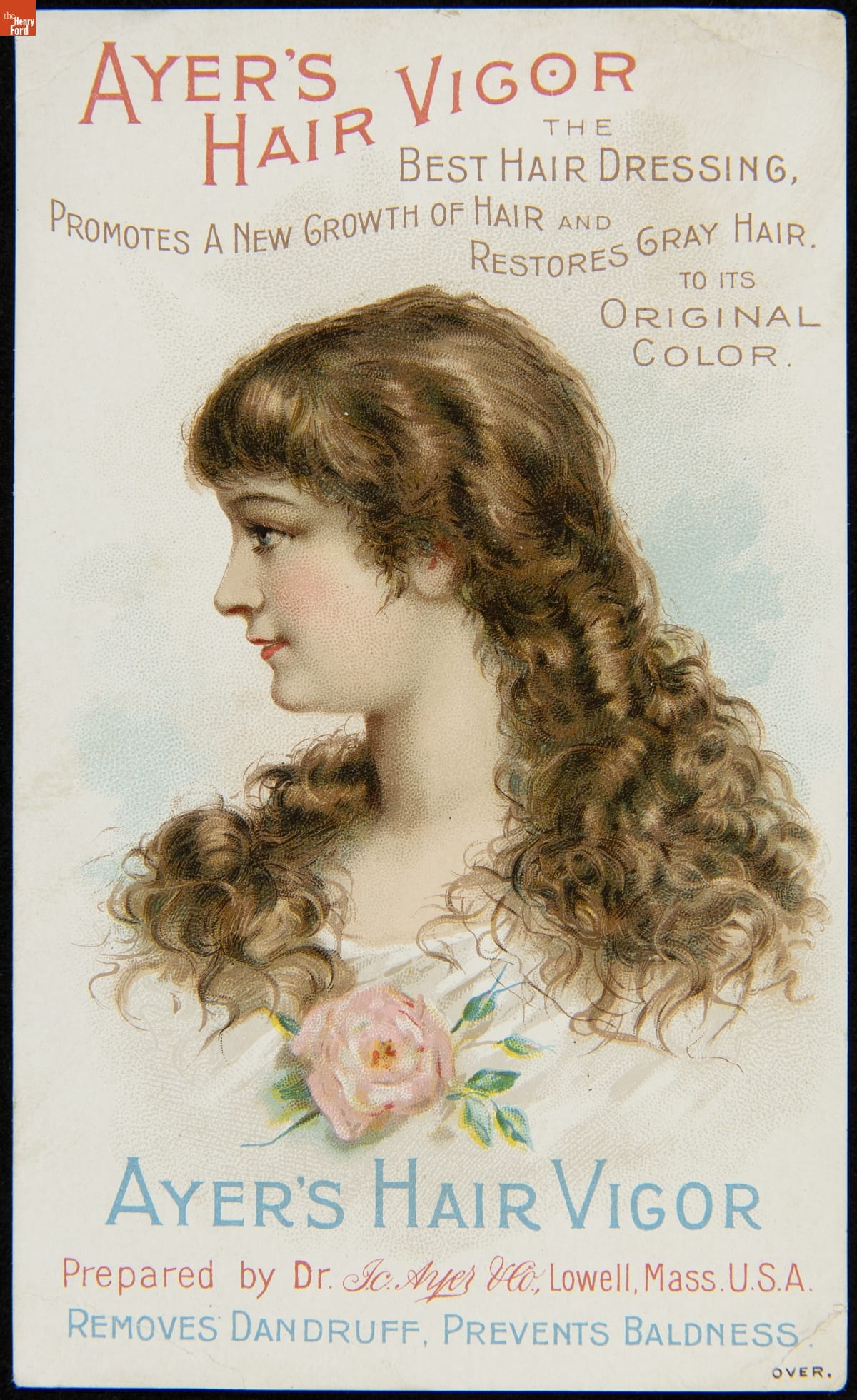 Trade Card for Ayer's Hair Vigor, circa 1885 Chest and head of woman with long light brown hair and pink rose pinned to her chest; also contains text