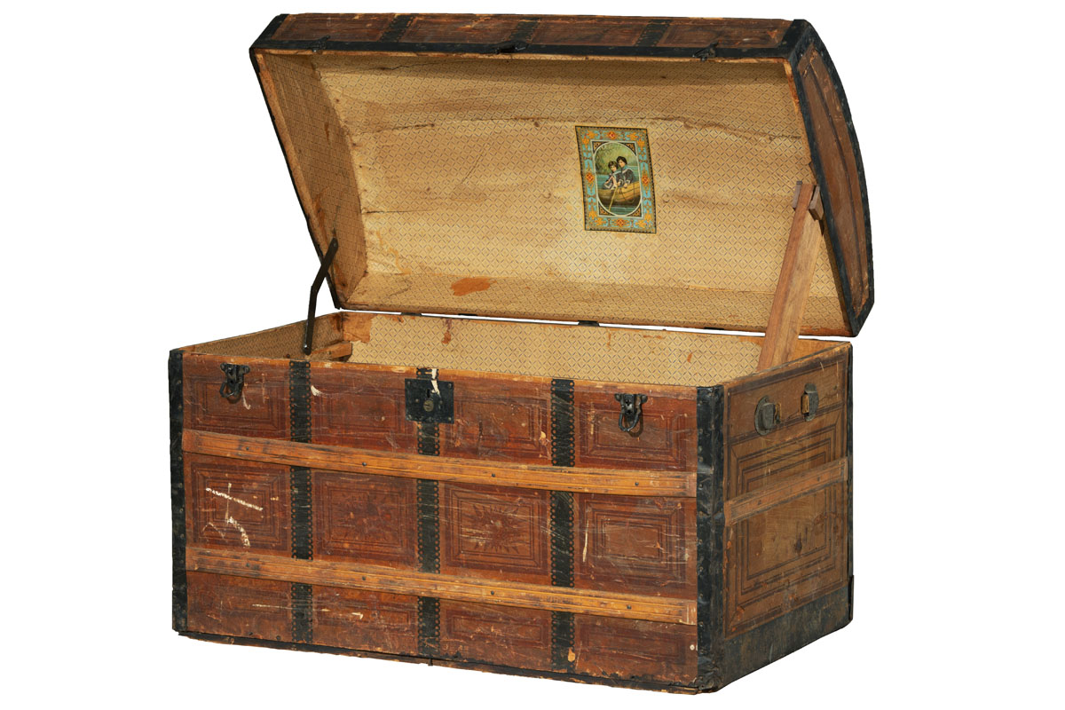 Trunk, 1860-1880 Wooden trunk with open arched lid