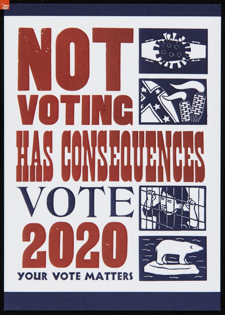 Postcard, "Not Voting Has Consequences, Vote 2020, Your Vote Matters," 2020 Page with text and four small images: coffin with covid molecule; tiki torches and Confederate flag; child clutching at chain-link fence; polar bear floating on small ice floe