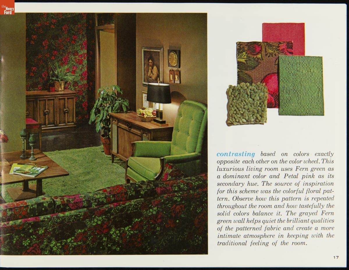 Sears Decorating Made Easy, 1964 Left side of page contains photo of room with green carpet and chair; red-and-green floral sofa and matching wallpaper; other occasional furniture and knick-knacks; right side of page contains images of fabric swatches and text