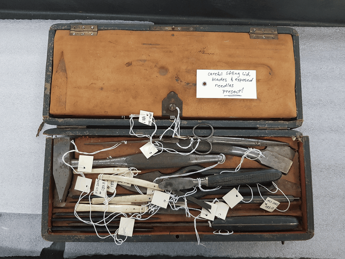 Veterinarian instrument case composed of 17 tools, including surgical blades, pliers and more.