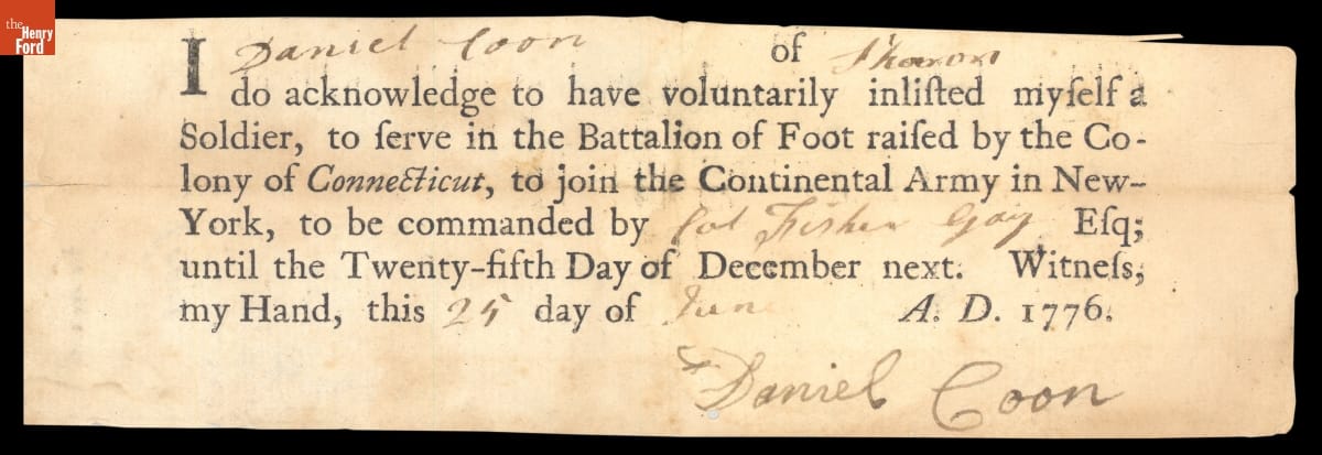 Declaration of Voluntary Enlistment in the Continental Army by Daniel Coon of Connecticut, June 25, 1776 Scrap of paper with printed and hand-written cursive text