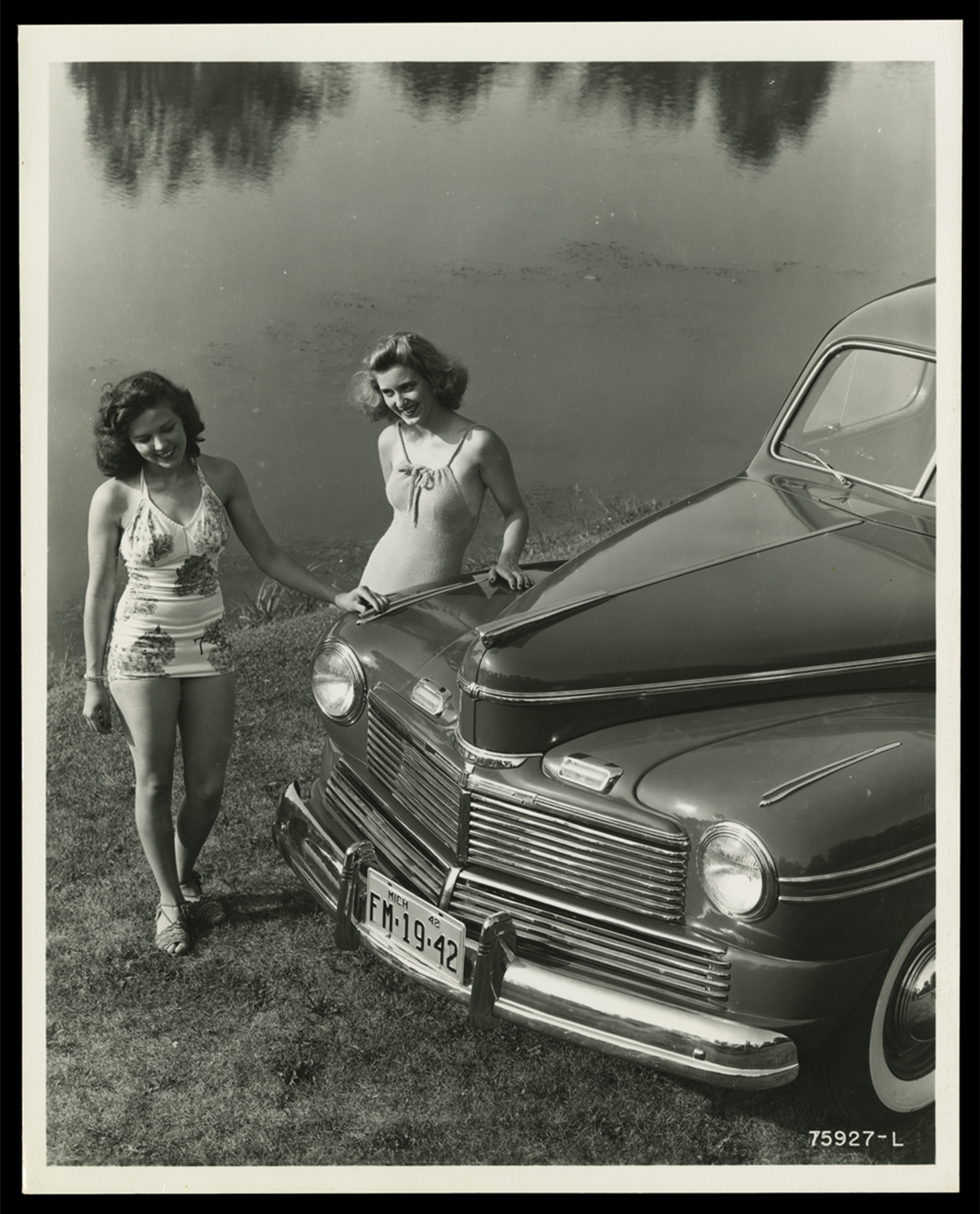 Photographic print, Mercury Town Sedan near Suwanee Lagoon in Greenfield Village, July 1941 (1941).