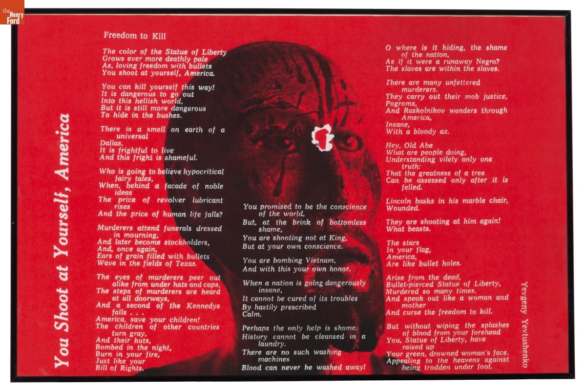 Corita Kent print “You Shoot at Yourself, America” Red print with text poem and background image of mask or sculpture of face