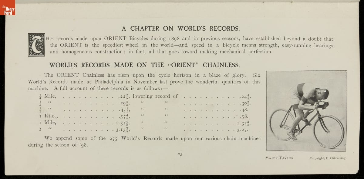 a copy of a page featuring text highlighting the world records held by the Orient chainless bicycle