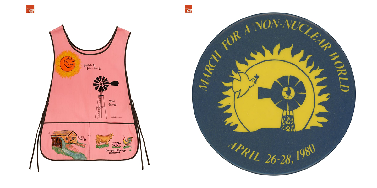 Alternative energy source apron hand-painted by Carrie Dickerson, 1973-1982, Opposition to nuclear power gained momentum during the 1970s, as shown by this button from a protest march in Washington DC., in 1980