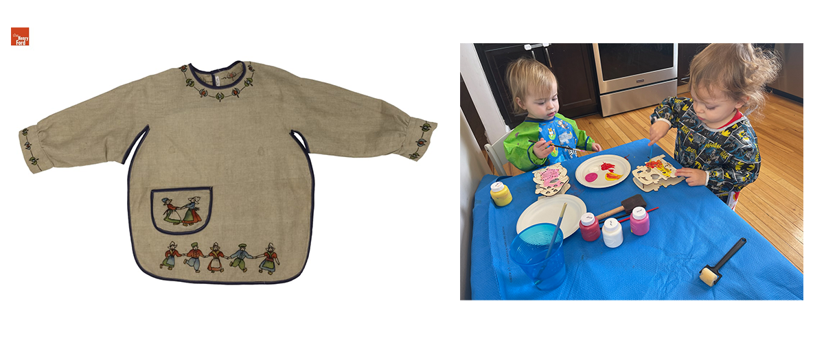 Child’s Apron, about 1910, Byram and Autumn Rodriguez of Allen Park, Michigan, wear aprons as they enjoy painting