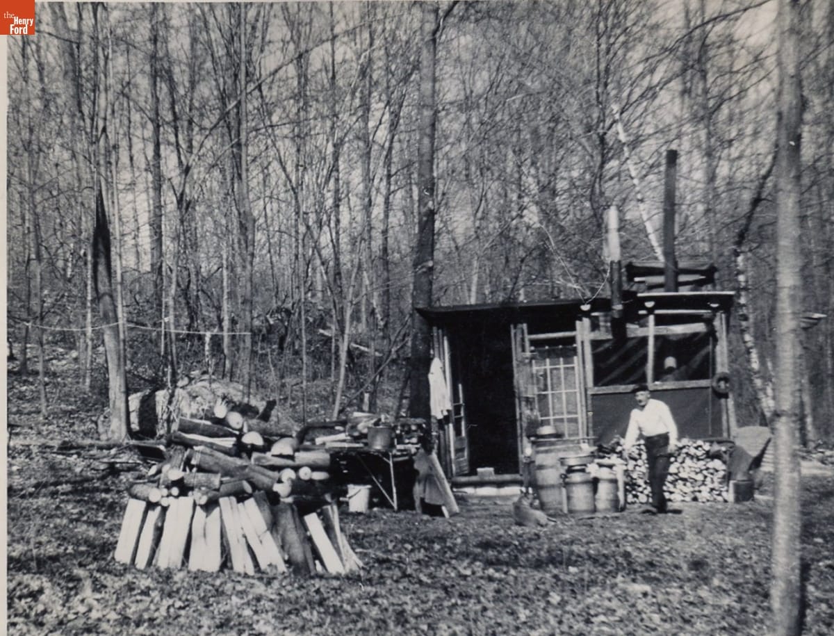 THF611288 / Benny, the 'job boss,' outside the sugarhouse at the Kelley home, Andover, Connecticut, 1959