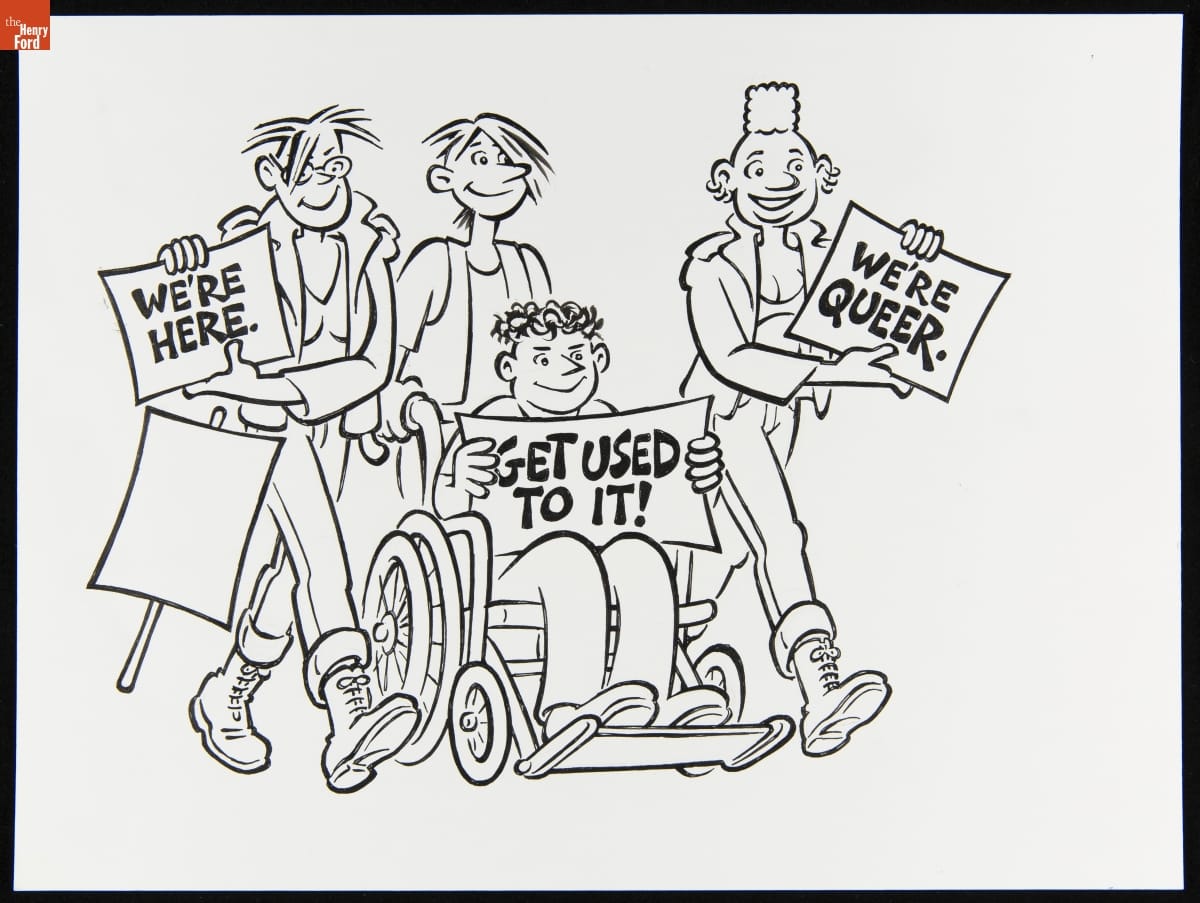 Line drawing of four people, one in a wheelchair, marching and holding signs with text