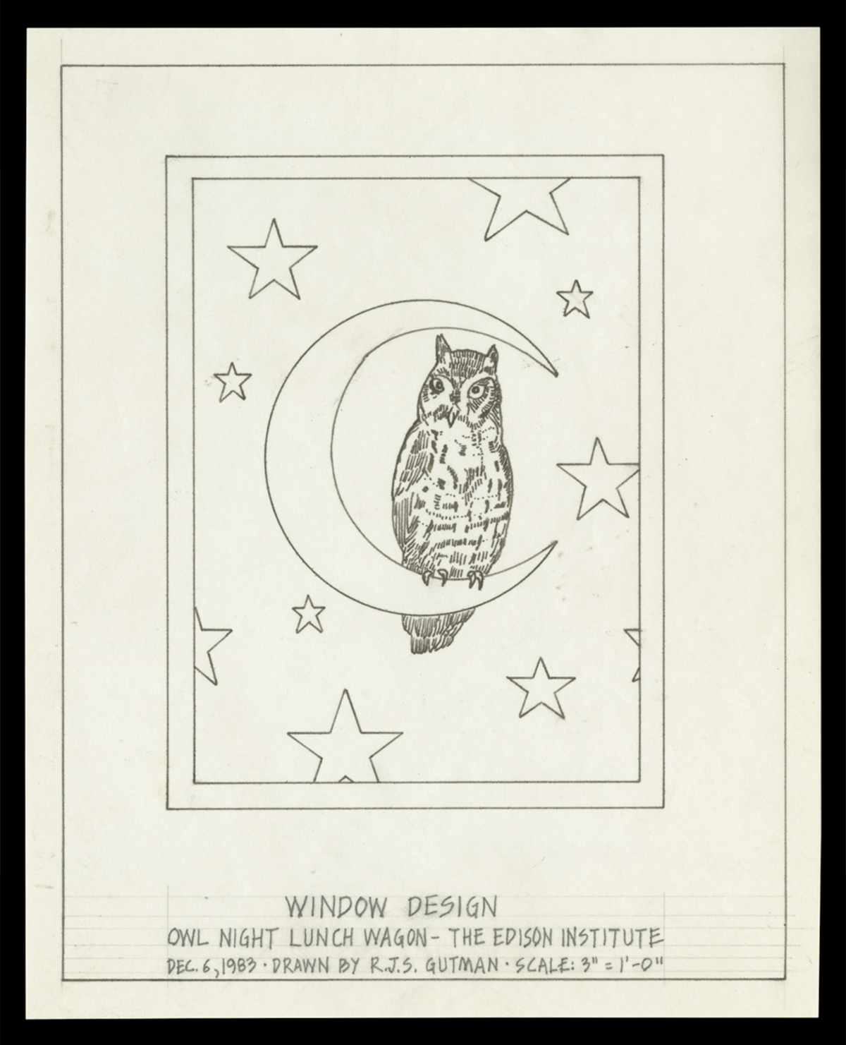 Window design drawn by Gutman during the restoration of the Owl Night Lunch Wagon, 1983.