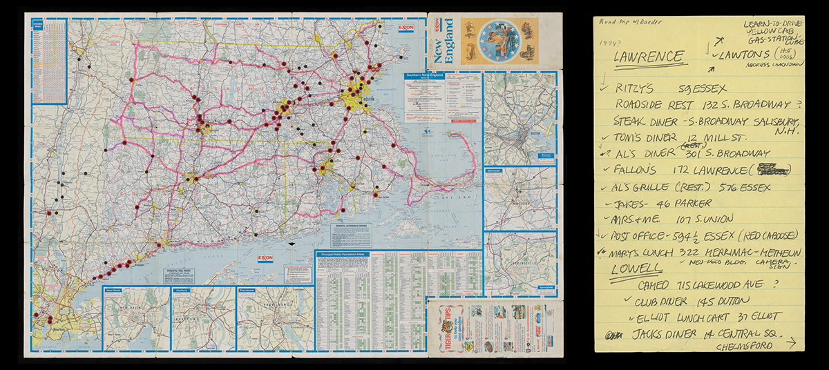 New England road map used by Dick Gutman with locations of diners indicated, circa 1975 (left), A diner list used during a 1974 road trip by Gutman & painter John Baeder (right)