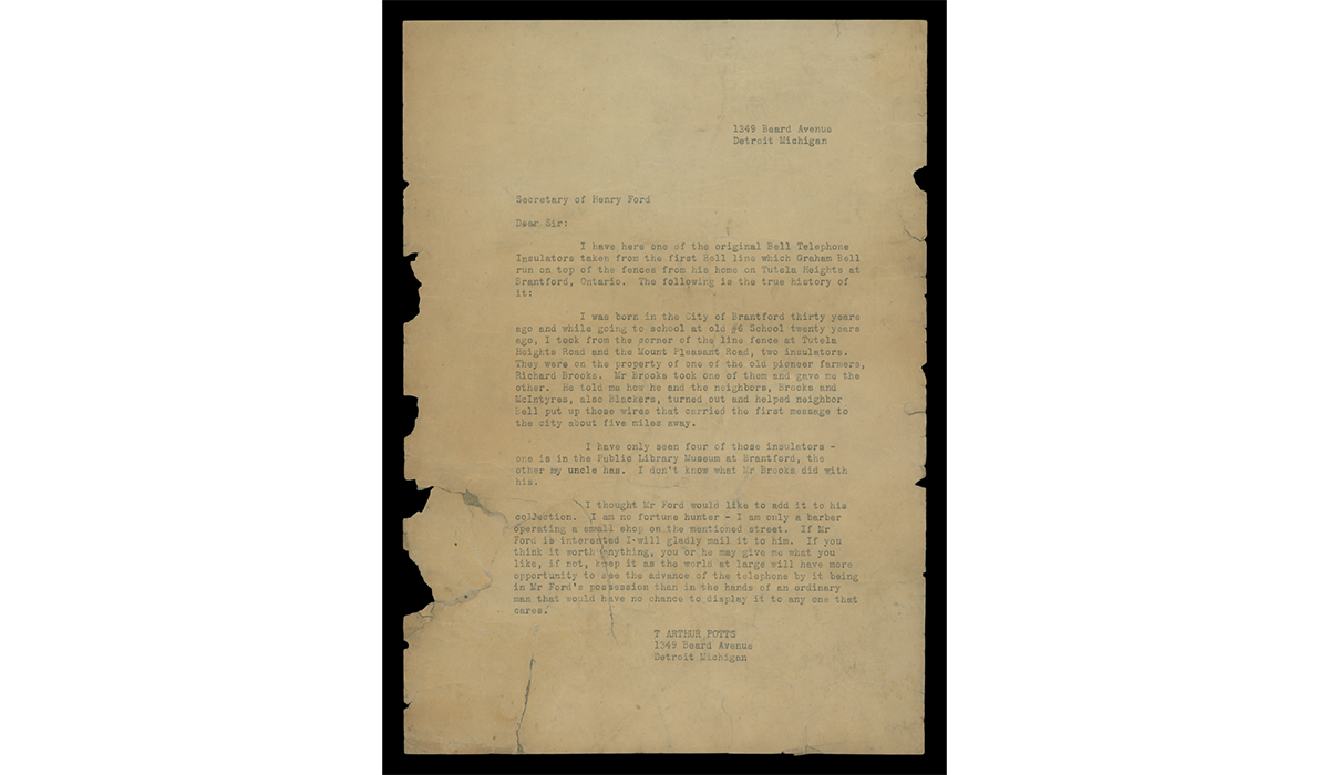 Typed letter from Thomas Potts to the secretary of Henry Ford. / THF727164