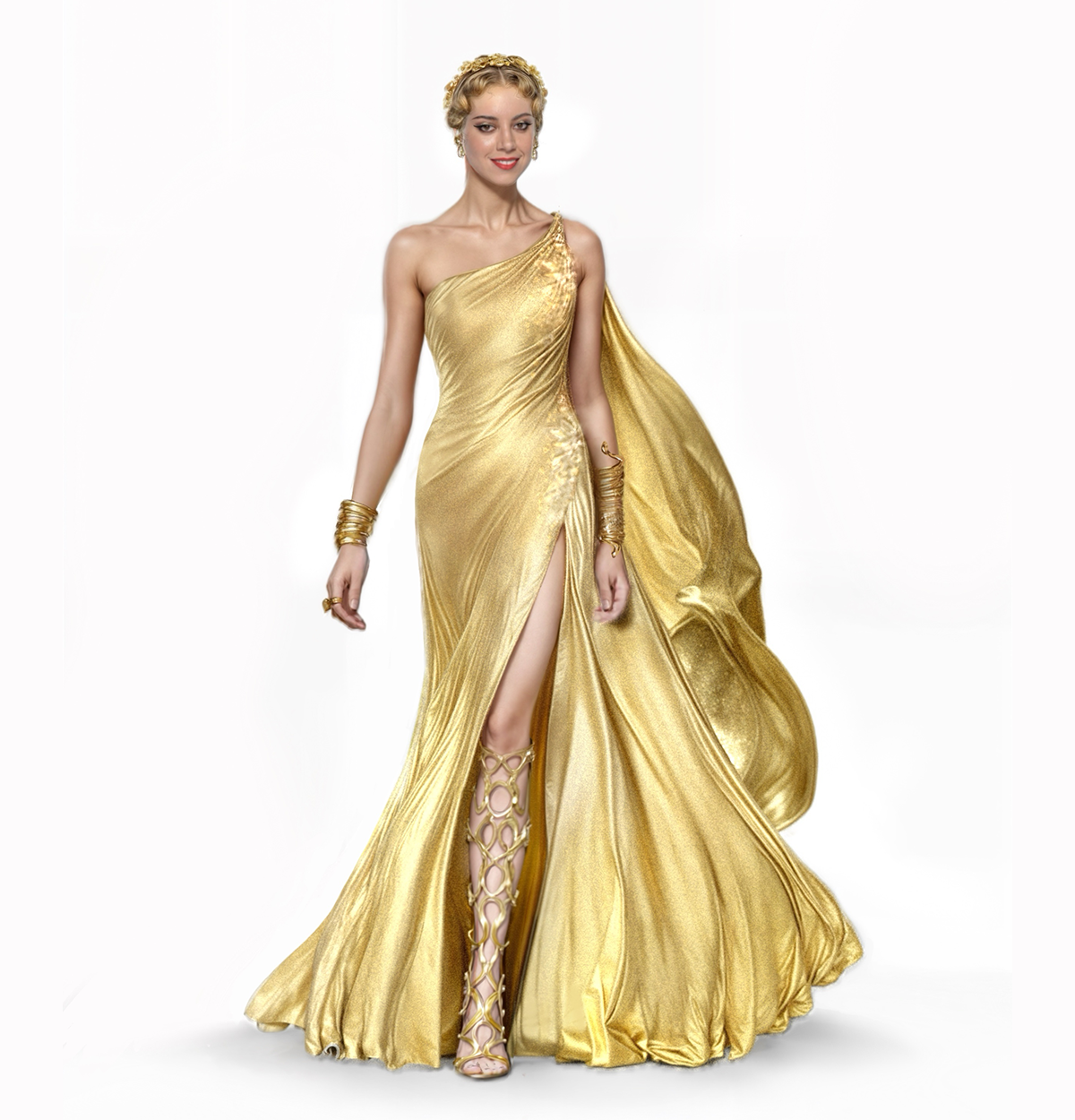 Woman in a gold evening gown